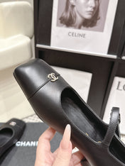 CHANEL 26S SQUARE TOE MARY JANE FLATS IN BLACK CALFSKIN