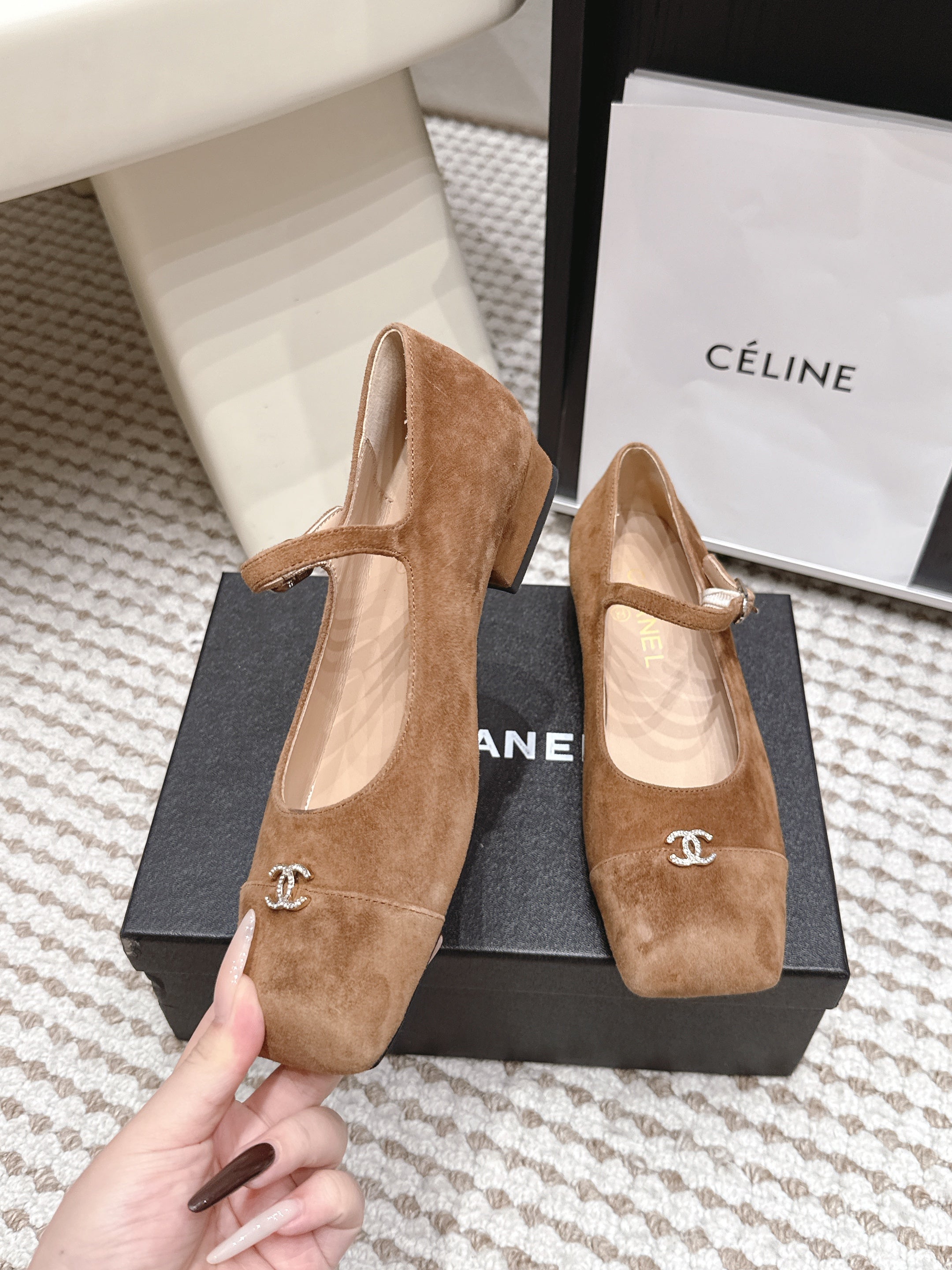 CHANEL 26S SQUARE TOE MARY JANE FLATS IN BROWN SUEDE