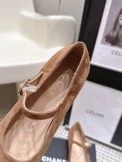 CHANEL 26S SQUARE TOE MARY JANE FLATS IN BROWN SUEDE