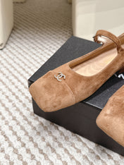 CHANEL 26S SQUARE TOE MARY JANE FLATS IN BROWN SUEDE
