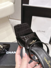 CHANEL 26S SQUARE TOE HIGH HEEL SANDALS 50 MM IN BLACK CALFSKIN