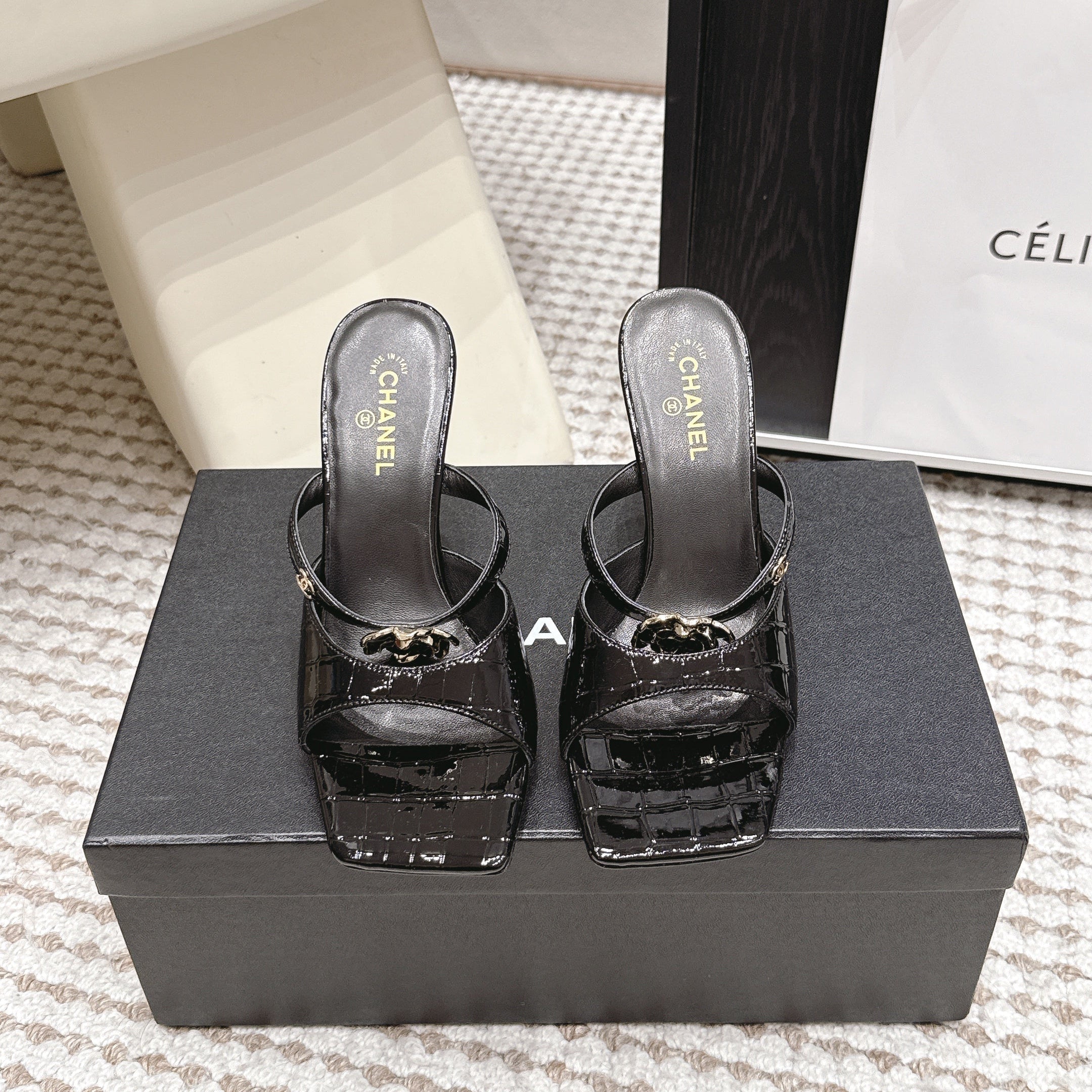 CHANEL 26S SQUARE TOE HIGH HEEL SANDALS 50 MM IN BLACK CALFSKIN