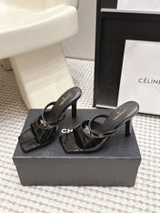 CHANEL 26S SQUARE TOE HIGH HEEL SANDALS 50 MM IN BLACK CALFSKIN