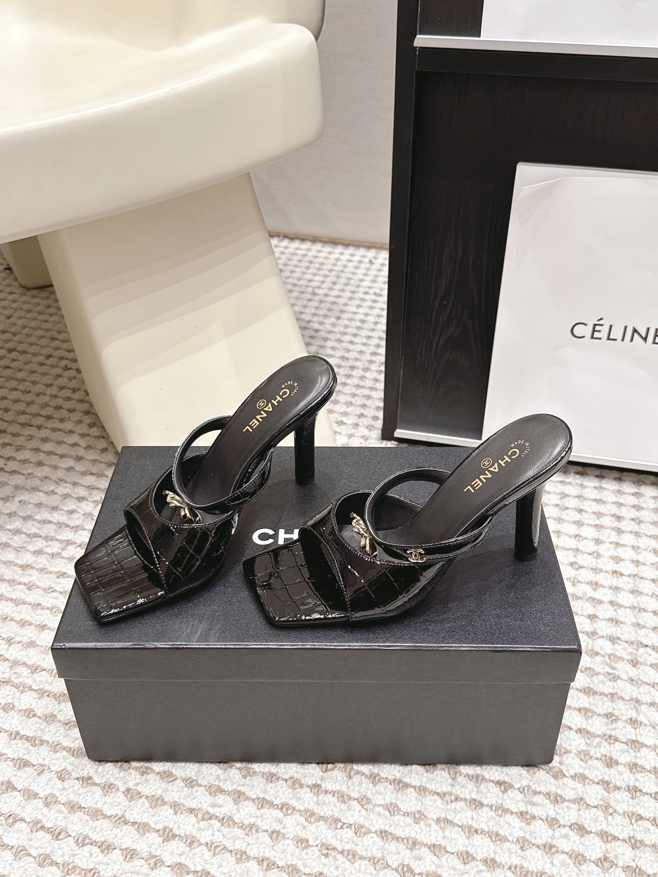 CHANEL 26S SQUARE TOE HIGH HEEL SANDALS 50 MM IN BLACK CALFSKIN