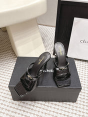 CHANEL 26S SQUARE TOE HIGH HEEL SANDALS 50 MM IN BLACK CALFSKIN