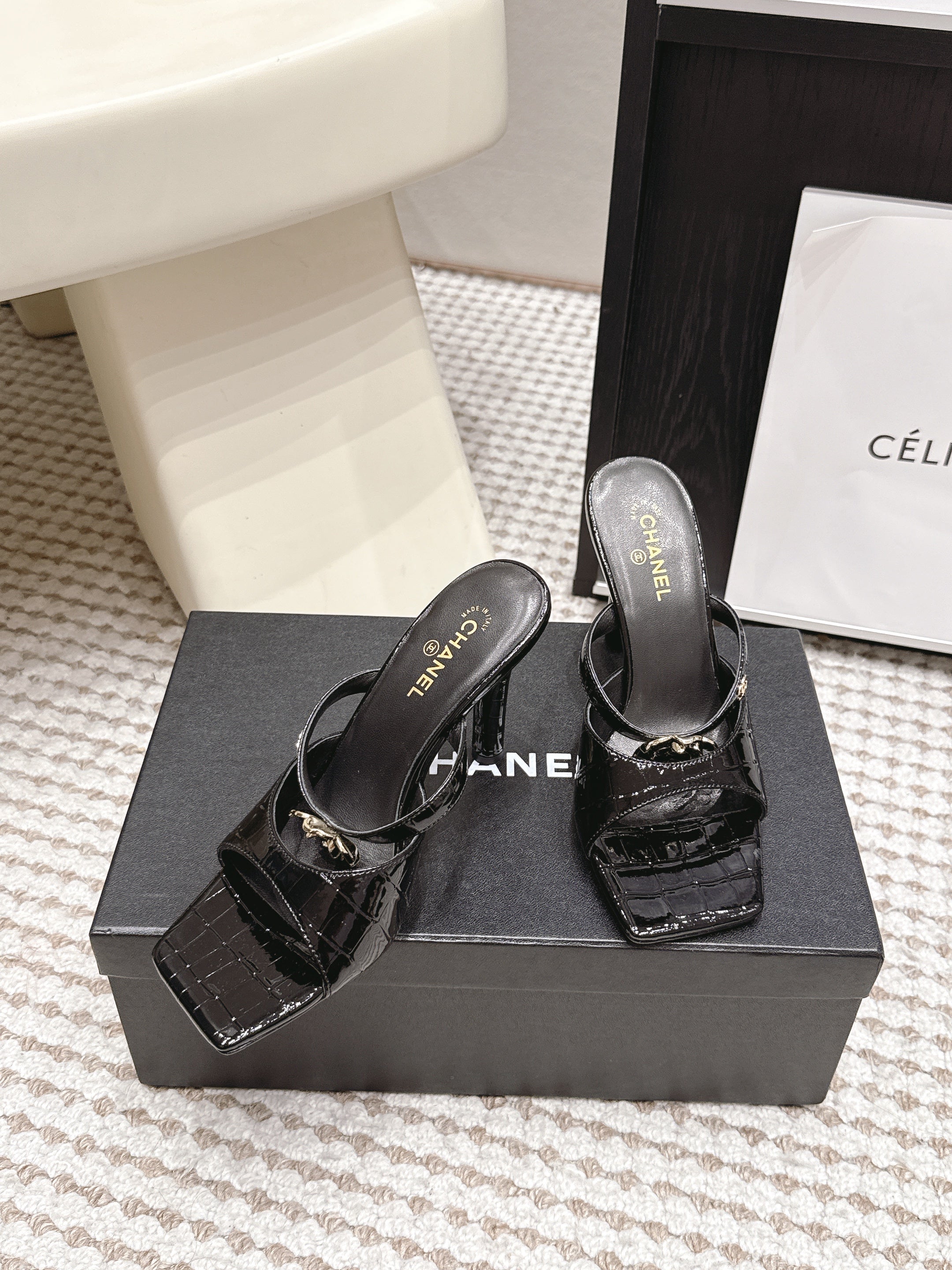 CHANEL 26S SQUARE TOE HIGH HEEL SANDALS 50 MM IN BLACK CALFSKIN