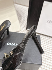 CHANEL 26S SQUARE TOE HIGH HEEL SANDALS 50 MM IN BLACK CALFSKIN
