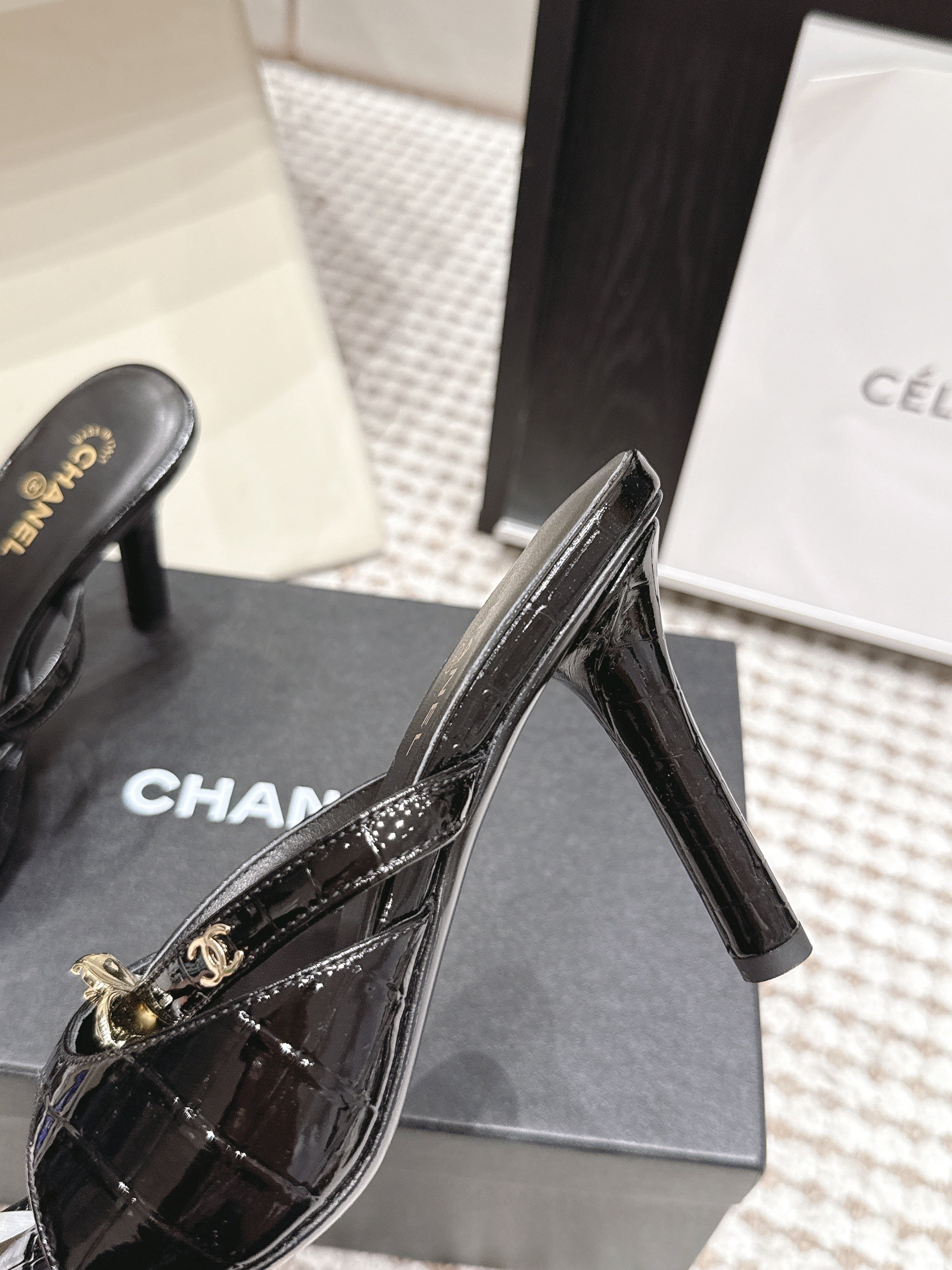 CHANEL 26S SQUARE TOE HIGH HEEL SANDALS 50 MM IN BLACK CALFSKIN