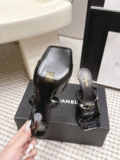 CHANEL 26S SQUARE TOE HIGH HEEL SANDALS 50 MM IN BLACK CALFSKIN