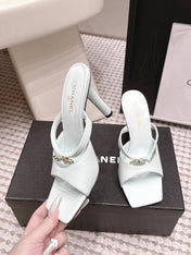 CHANEL 26S SQUARE TOE HIGH HEEL SANDALS 50 MM IN LIGHT BLUE CALFSKIN
