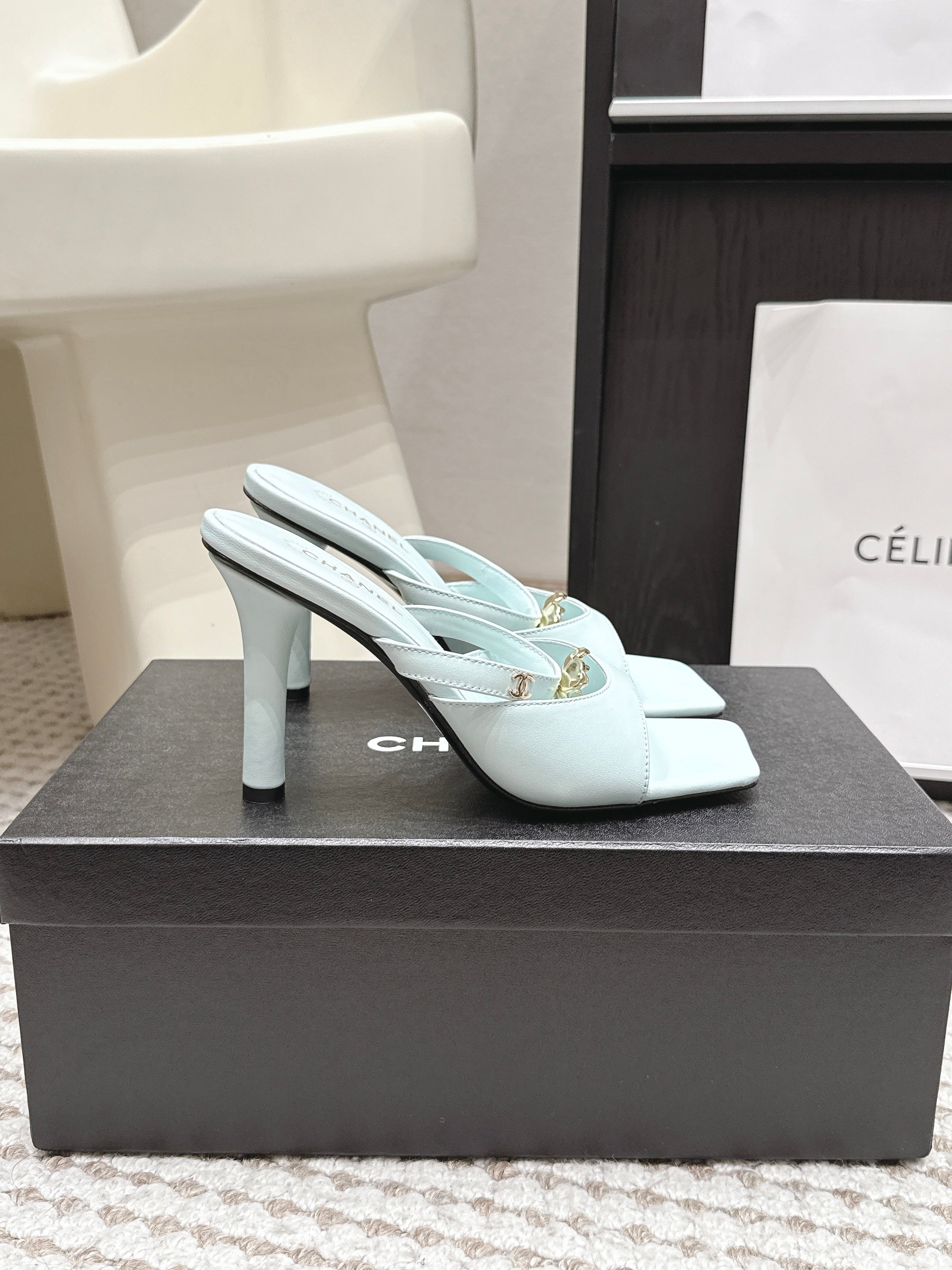 CHANEL 26S SQUARE TOE HIGH HEEL SANDALS 50 MM IN LIGHT BLUE CALFSKIN