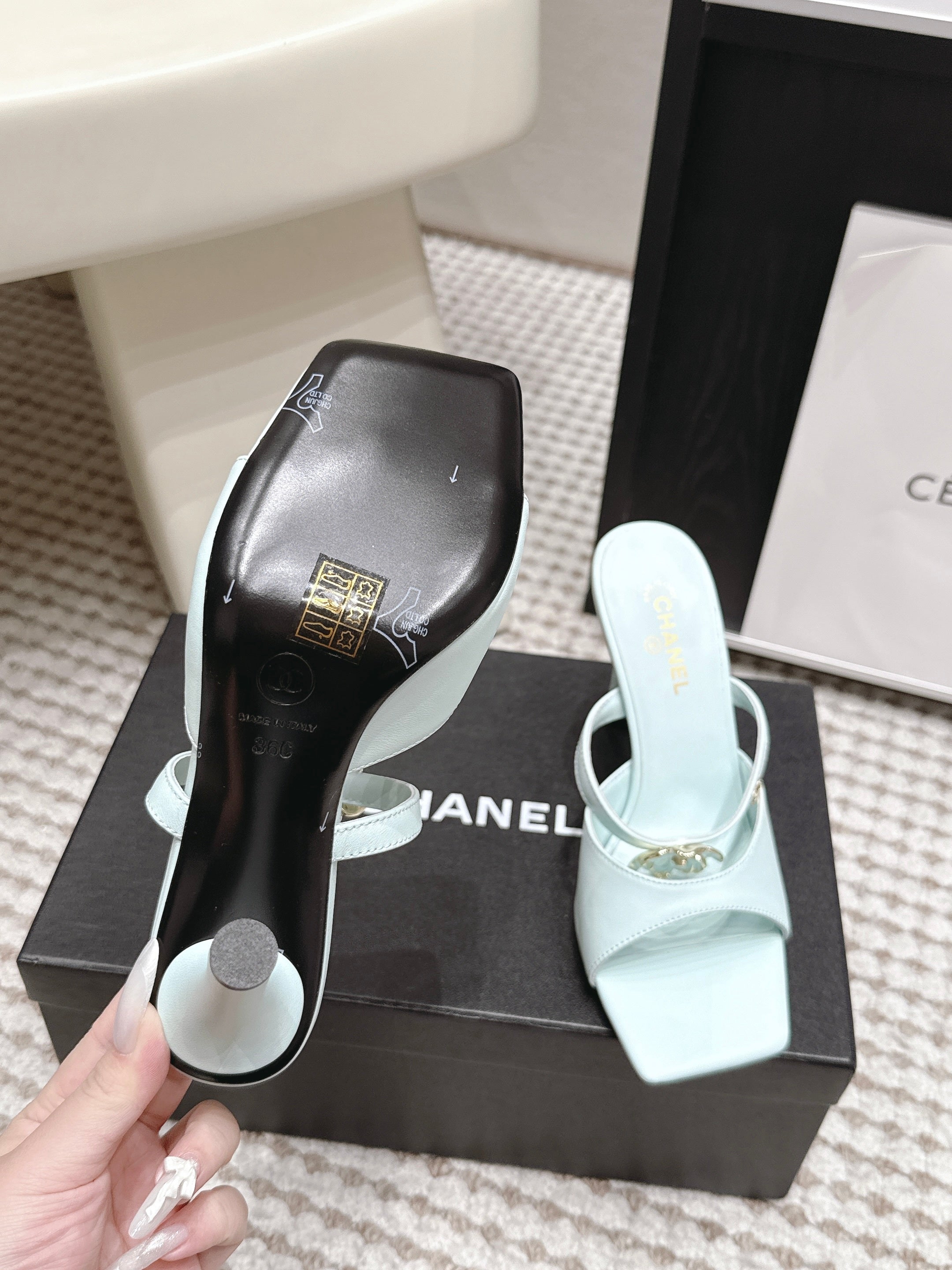 CHANEL 26S SQUARE TOE HIGH HEEL SANDALS 50 MM IN LIGHT BLUE CALFSKIN
