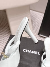 CHANEL 26S SQUARE TOE HIGH HEEL SANDALS 50 MM IN LIGHT BLUE CALFSKIN