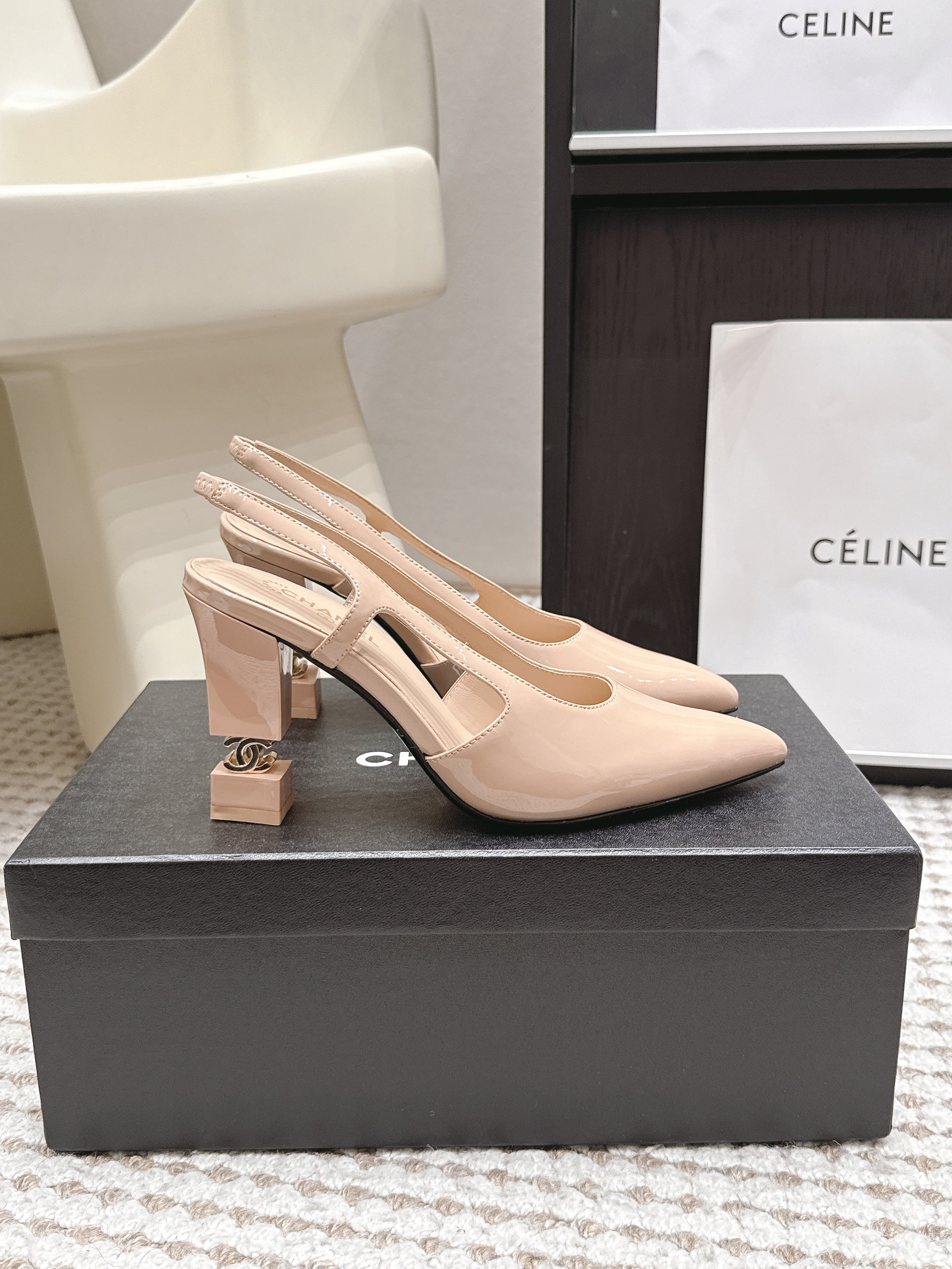 CHANEL 26S HIGH HEEL SLINGBACKS 80 MM IN BEIGE PATENT