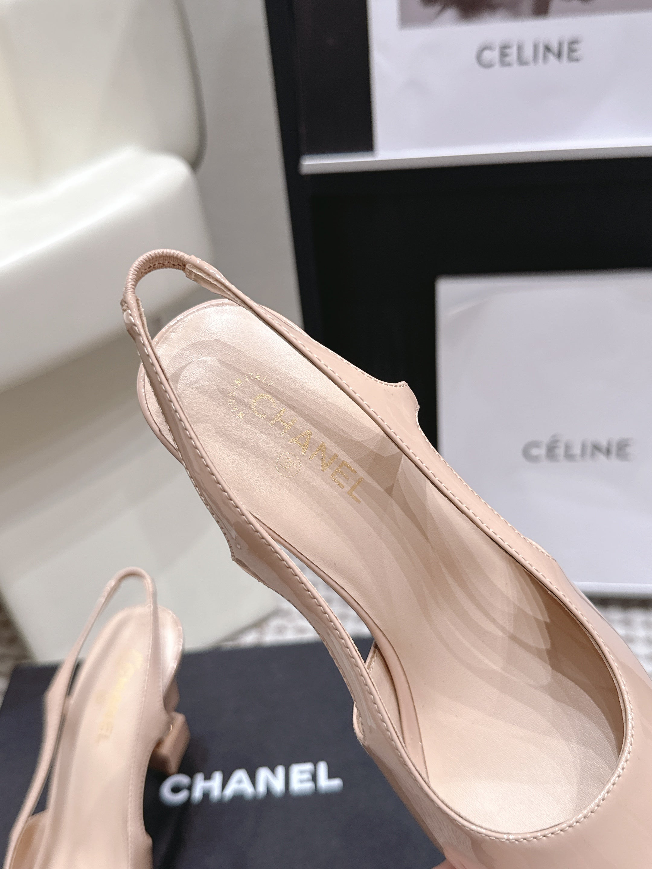 CHANEL 26S HIGH HEEL SLINGBACKS 80 MM IN BEIGE PATENT
