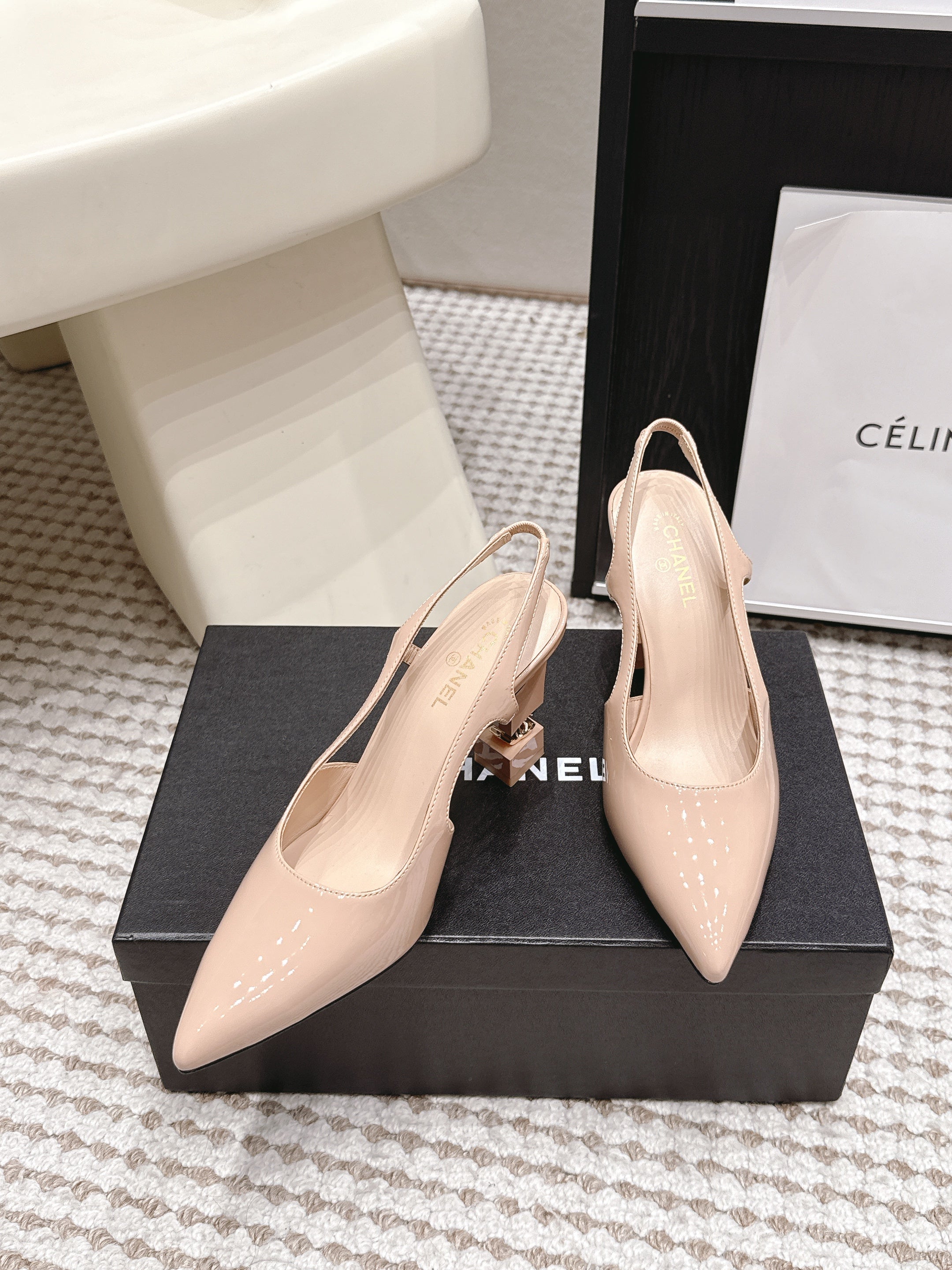 CHANEL 26S HIGH HEEL SLINGBACKS 80 MM IN BEIGE PATENT