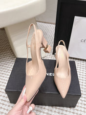CHANEL 26S HIGH HEEL SLINGBACKS 80 MM IN BEIGE PATENT
