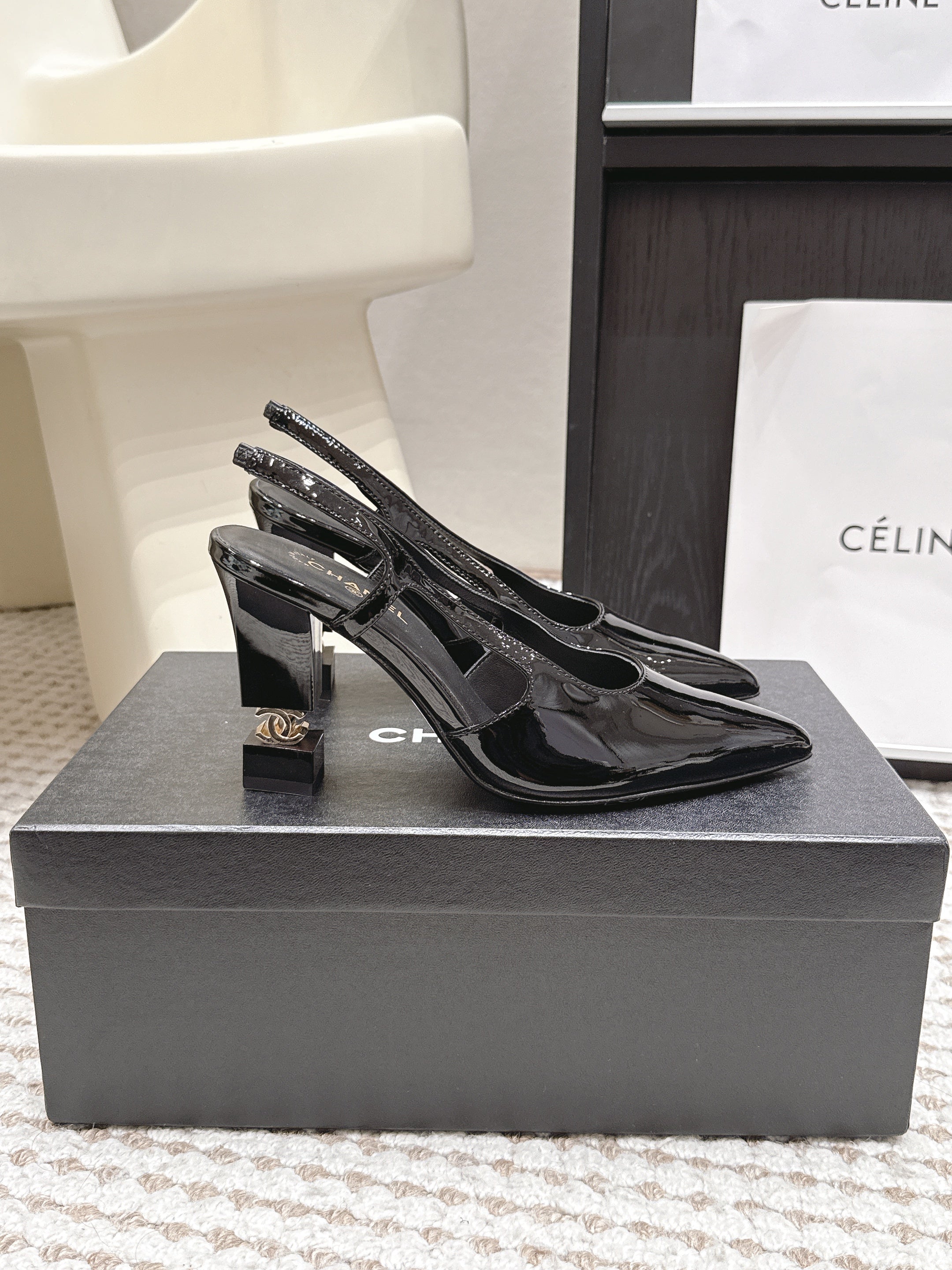 CHANEL 26S HIGH HEEL SLINGBACKS 80 MM IN BLACK PATENT