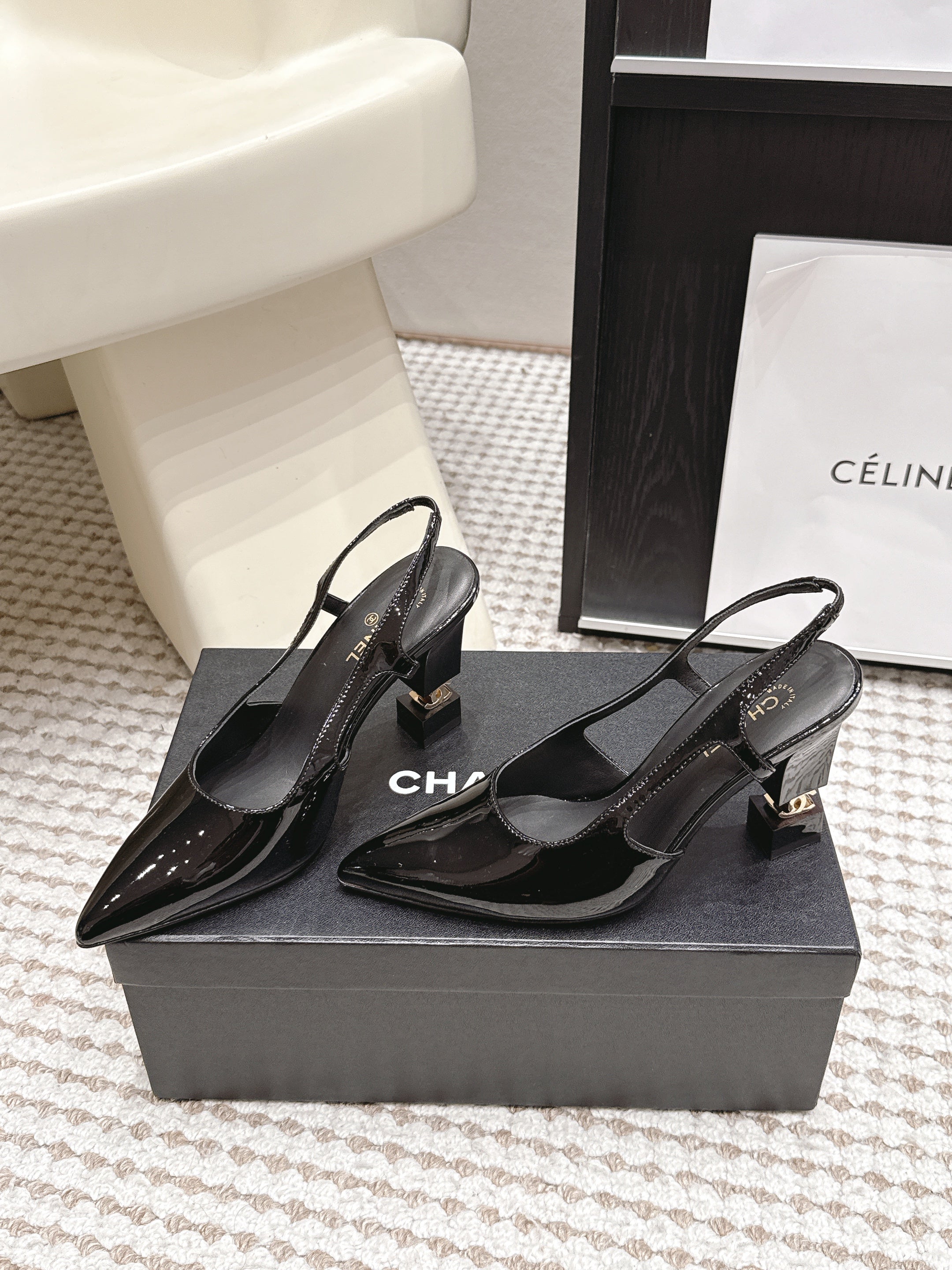 CHANEL 26S HIGH HEEL SLINGBACKS 80 MM IN BLACK PATENT