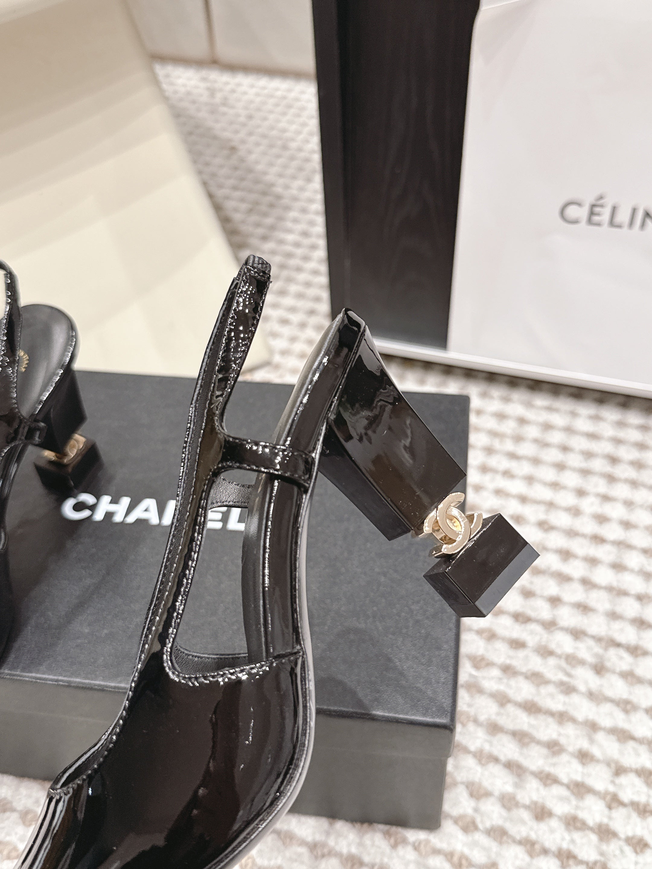 CHANEL 26S HIGH HEEL SLINGBACKS 80 MM IN BLACK PATENT
