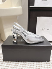 CHANEL 26S HIGH HEEL SLINGBACKS 80 MM IN SILVER PATENT