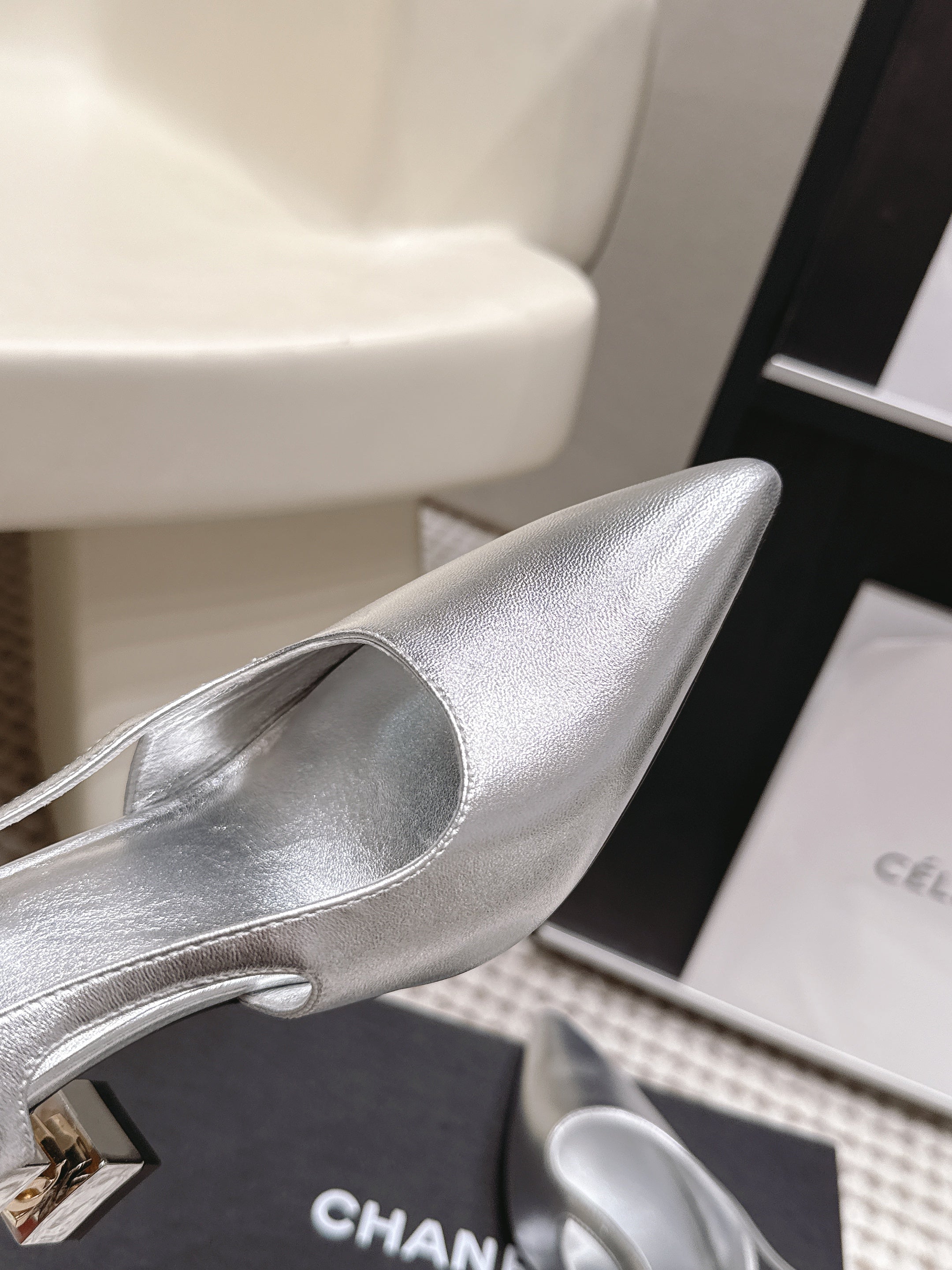 CHANEL 26S HIGH HEEL SLINGBACKS 80 MM IN SILVER PATENT