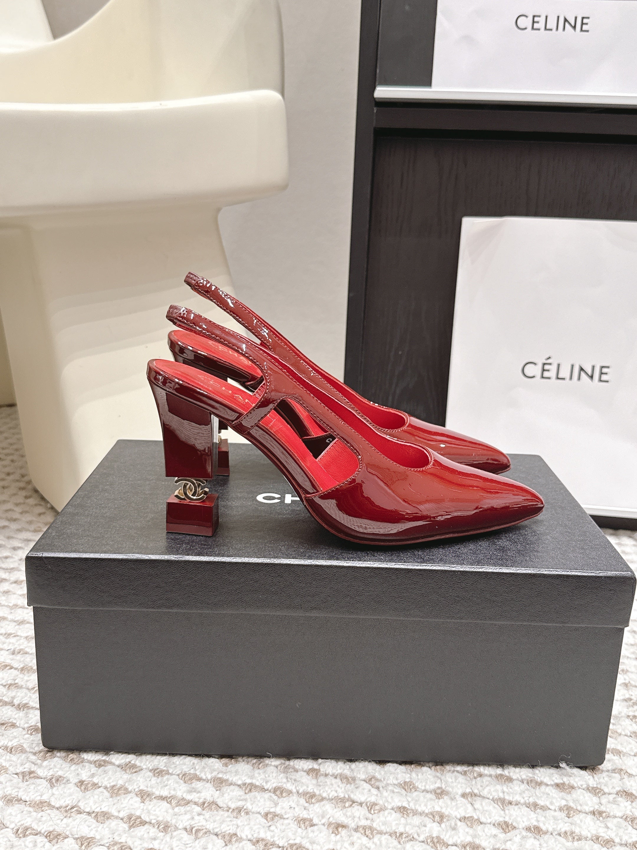 CHANEL 26S HIGH HEEL SLINGBACKS 80 MM IN RED PATENT