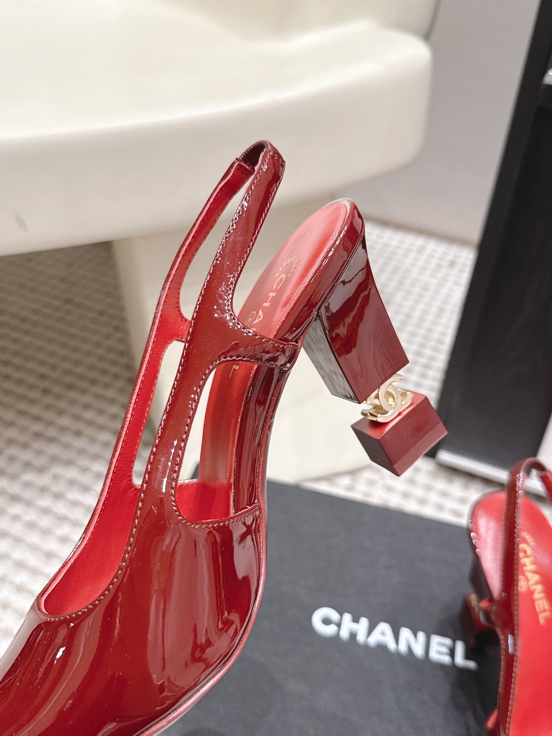 CHANEL 26S HIGH HEEL SLINGBACKS 80 MM IN RED PATENT