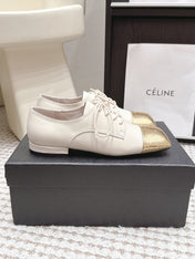 CHANEL 26S LACE-UP OXFORD SHOES IN LIGHT BEIGE CALFSKIN WITH GOLD TOE CAP