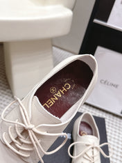 CHANEL 26S LACE-UP OXFORD SHOES IN LIGHT BEIGE CALFSKIN WITH GOLD TOE CAP