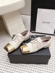 CHANEL 26S LACE-UP OXFORD SHOES IN LIGHT BEIGE CALFSKIN WITH GOLD TOE CAP