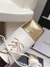 CHANEL 26S LACE-UP OXFORD SHOES IN LIGHT BEIGE CALFSKIN WITH GOLD TOE CAP
