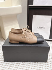 CHANEL 26S LACE-UP OXFORD SHOES IN LIGHT BROWN CALFSKIN WITH BLACK TOE CAP