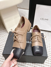 CHANEL 26S LACE-UP OXFORD SHOES IN LIGHT BROWN CALFSKIN WITH BLACK TOE CAP