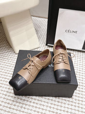 CHANEL 26S LACE-UP OXFORD SHOES IN LIGHT BROWN CALFSKIN WITH BLACK TOE CAP