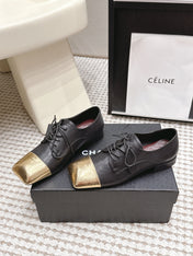 CHANEL 26S LACE-UP OXFORD SHOES IN BLACK CALFSKIN WITH GOLD TOE CAP