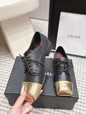 CHANEL 26S LACE-UP OXFORD SHOES IN BLACK CALFSKIN WITH GOLD TOE CAP