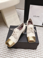 CHANEL 26S LACE-UP OXFORD HEELS IN LIGHT BEIGE CALFSKIN WITH GOLD TOE CAP