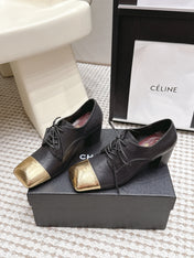 CHANEL 26S LACE-UP OXFORD HEELS IN BLACK CALFSKIN WITH GOLD TOE CAP