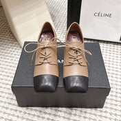 CHANEL 26S LACE-UP OXFORD HEELS IN LIGHT BROWN CALFSKIN WITH BLACK TOE CAP