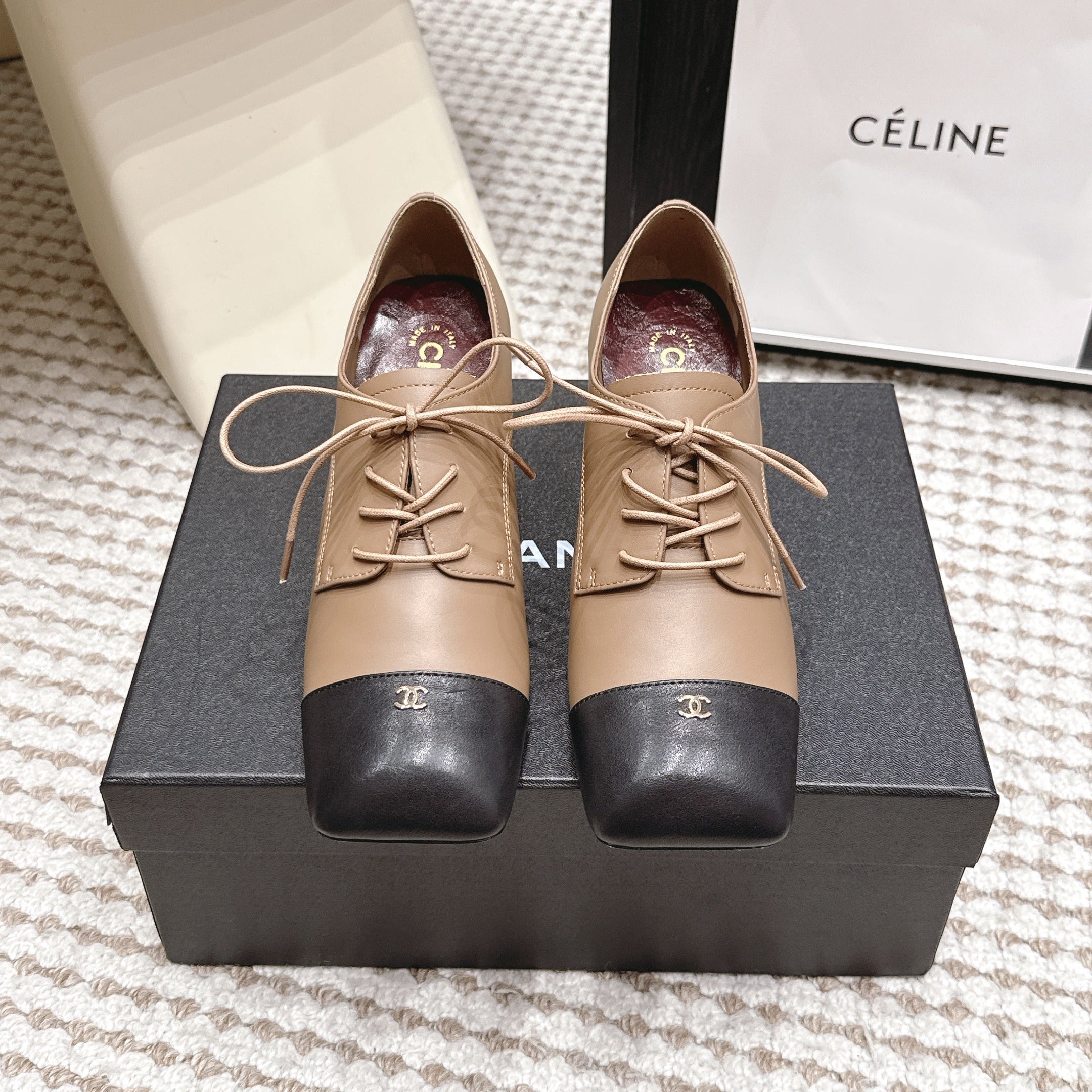 CHANEL 26S LACE-UP OXFORD HEELS IN LIGHT BROWN CALFSKIN WITH BLACK TOE CAP