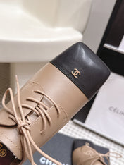 CHANEL 26S LACE-UP OXFORD HEELS IN LIGHT BROWN CALFSKIN WITH BLACK TOE CAP