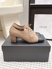 CHANEL 26S LACE-UP OXFORD HEELS IN LIGHT BROWN CALFSKIN WITH BLACK TOE CAP