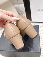 CHANEL 26S LACE-UP OXFORD HEELS IN LIGHT BROWN CALFSKIN WITH BLACK TOE CAP