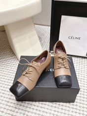 CHANEL 26S LACE-UP OXFORD HEELS IN LIGHT BROWN CALFSKIN WITH BLACK TOE CAP
