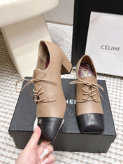 CHANEL 26S LACE-UP OXFORD HEELS IN LIGHT BROWN CALFSKIN WITH BLACK TOE CAP