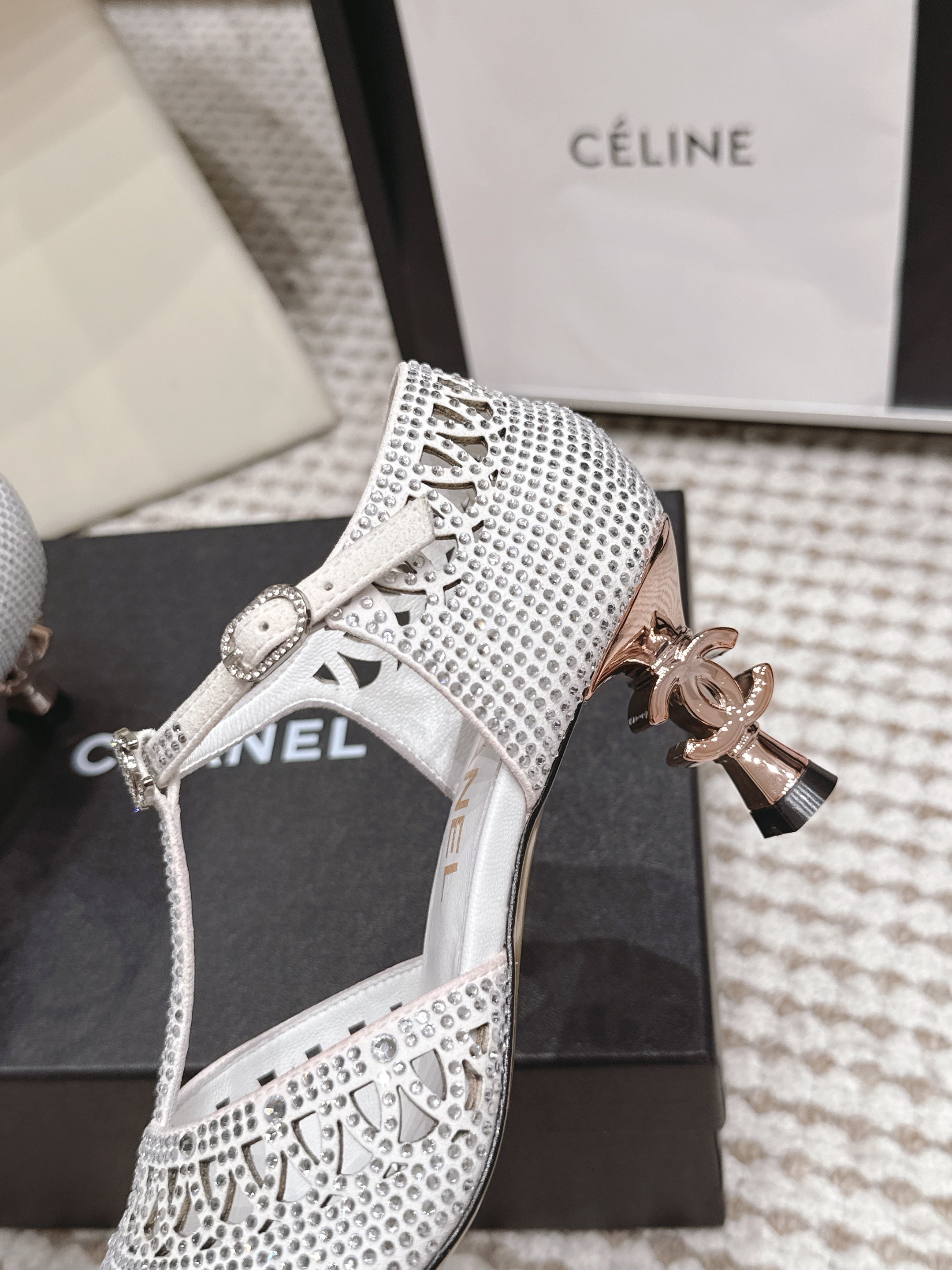 CHANEL 26S HIGH HEELS 50 MM IN WHITE RHINESTONE EMBELLISHED