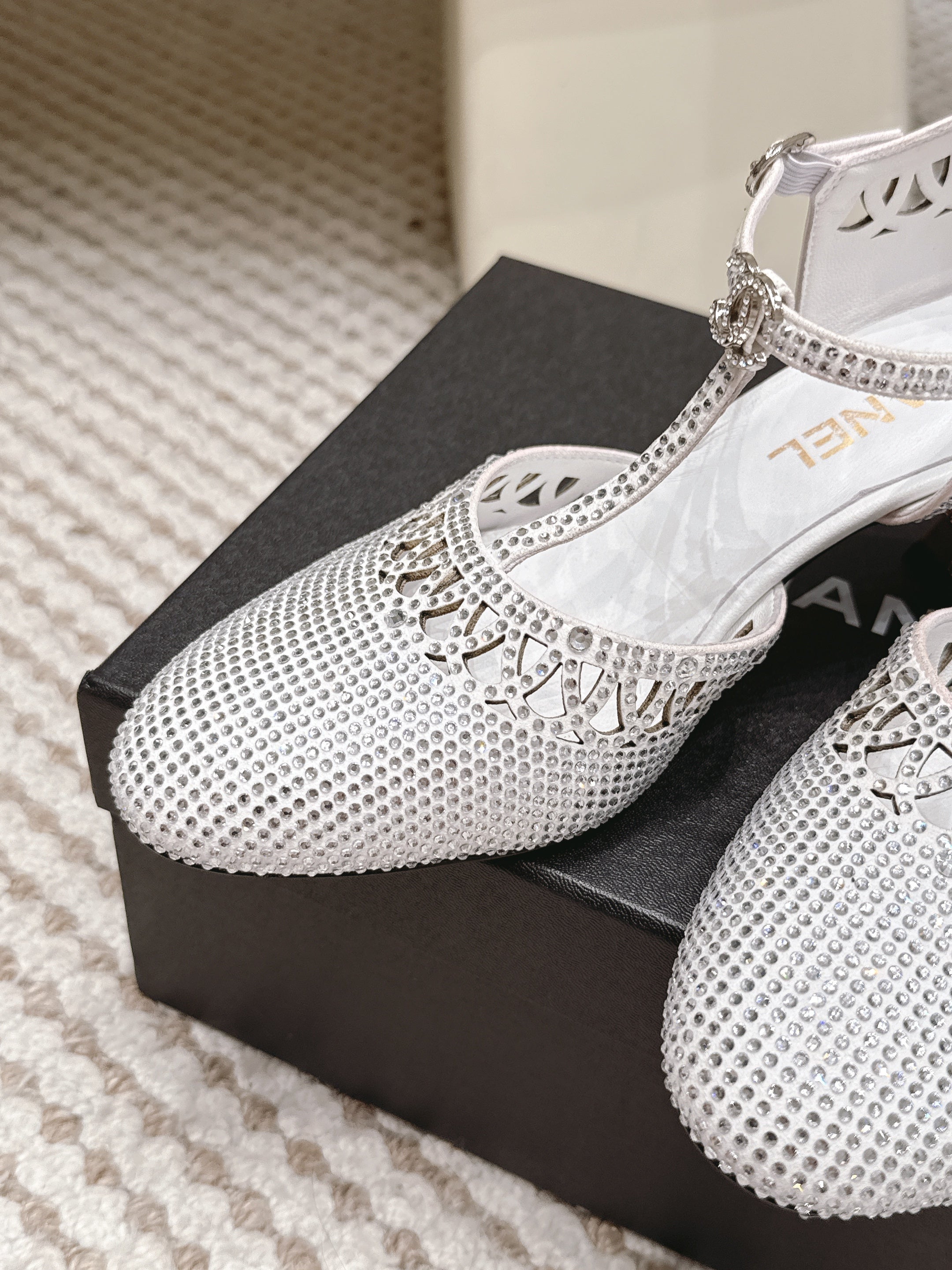 CHANEL 26S HIGH HEELS 50 MM IN WHITE RHINESTONE EMBELLISHED