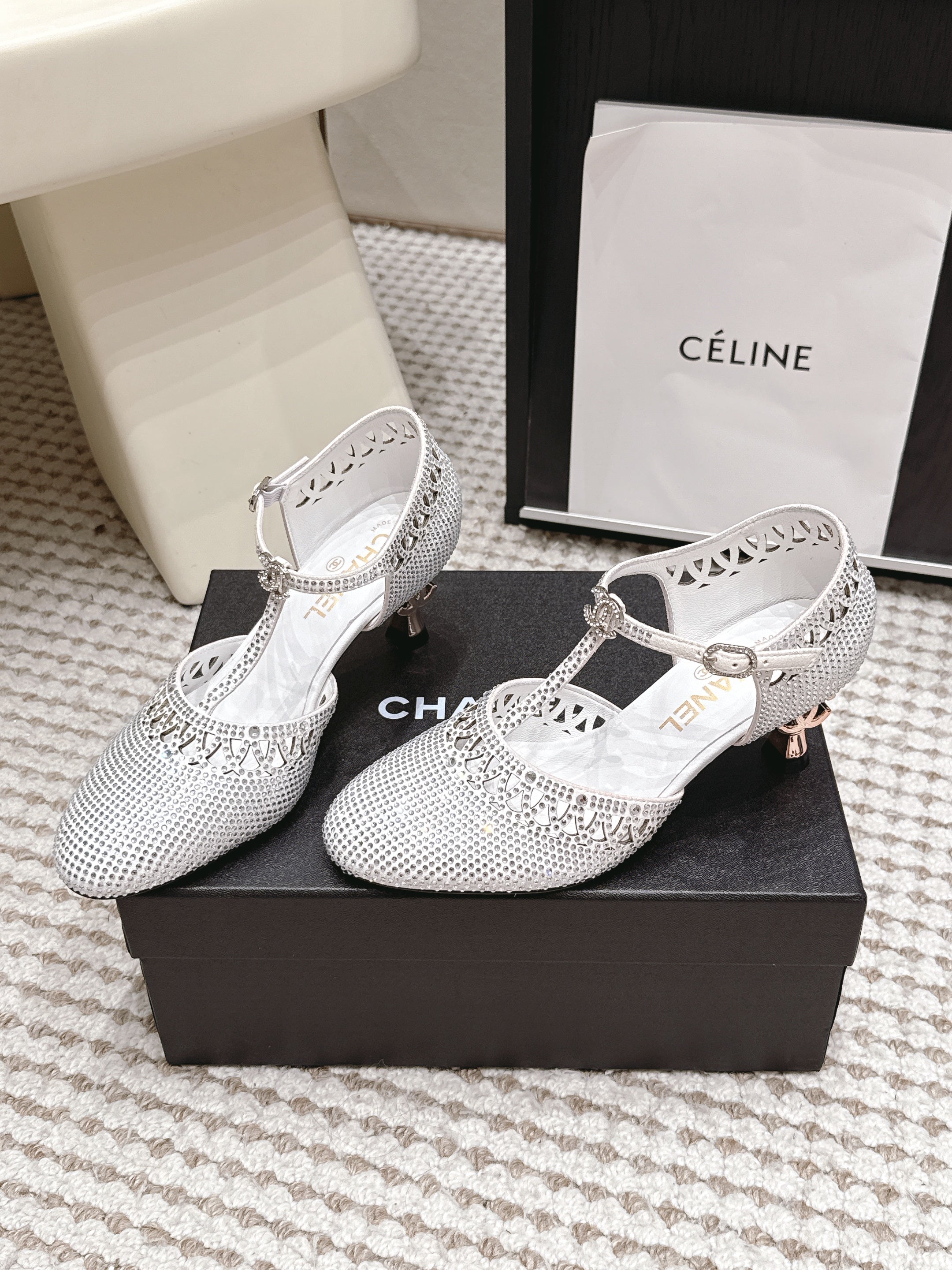 CHANEL 26S HIGH HEELS 50 MM IN WHITE RHINESTONE EMBELLISHED