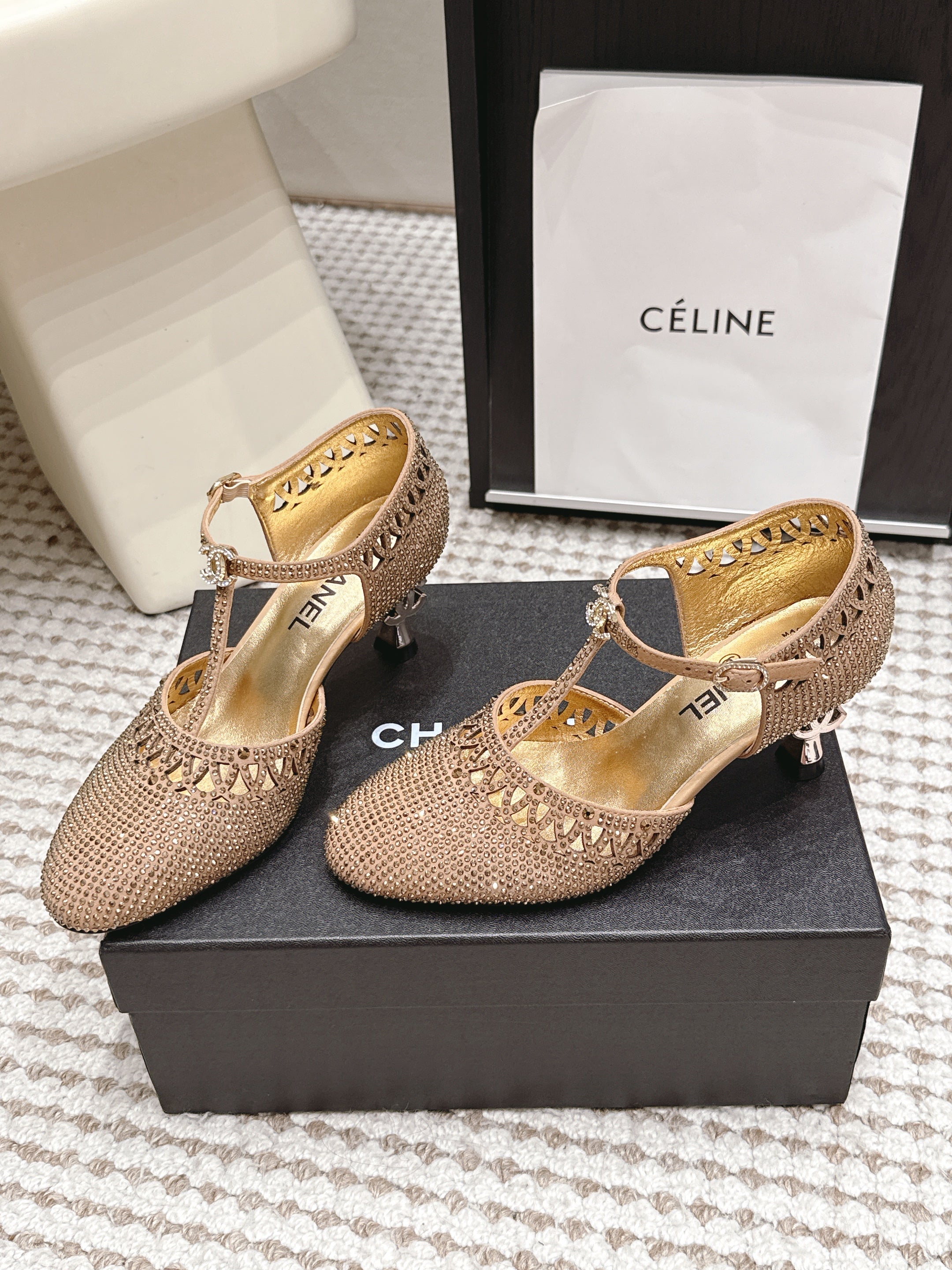 CHANEL 26S HIGH HEELS 50 MM IN BEIGE RHINESTONE EMBELLISHED